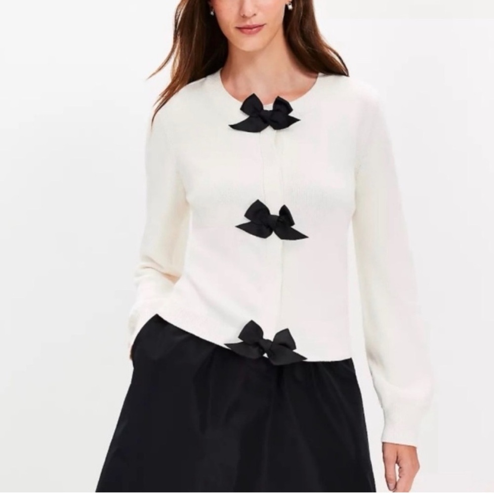 LOFT Bow Cardigan Knit Sweater Cream Black Size Medium NWT Coquette Feminine